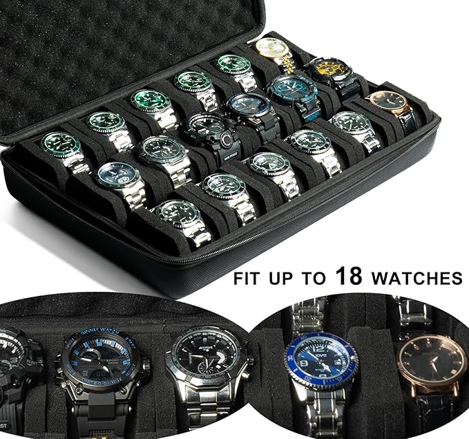 Hardshell watch case, 18 slots watch travel case for men's women's, watch display organizer box holder with form-fitiing watch pillow