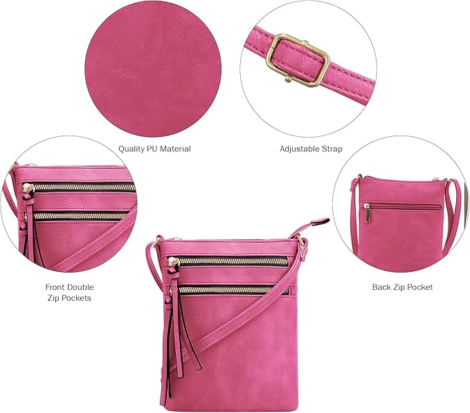 DELUXITY | Crossbody Purse Bag | Functional Multi Pocket Double Zipper Purse | Adjustable Strap | Medium Size Purse |Fuchsia