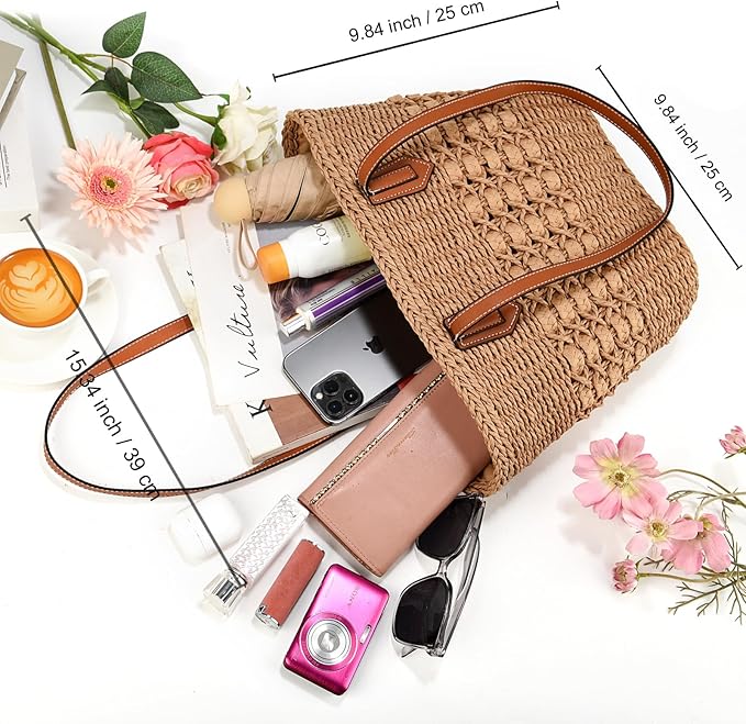 Straw Beach Bags for Women Woven Beach Tote Bag Casual Boho Large Shoulder Handbags Purse for Vacation Holiday