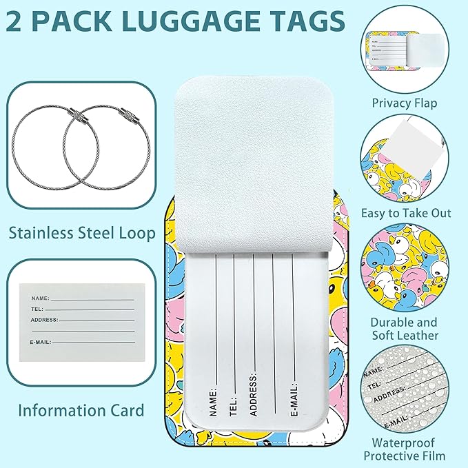 Rubber Duck Luggage Tag for Suitcase Set of 2 PU Leather Cute Luggage Tags with Stainless Metal Loop ID Label Privacy Flap Suitcase Tags for Women and Men Travel