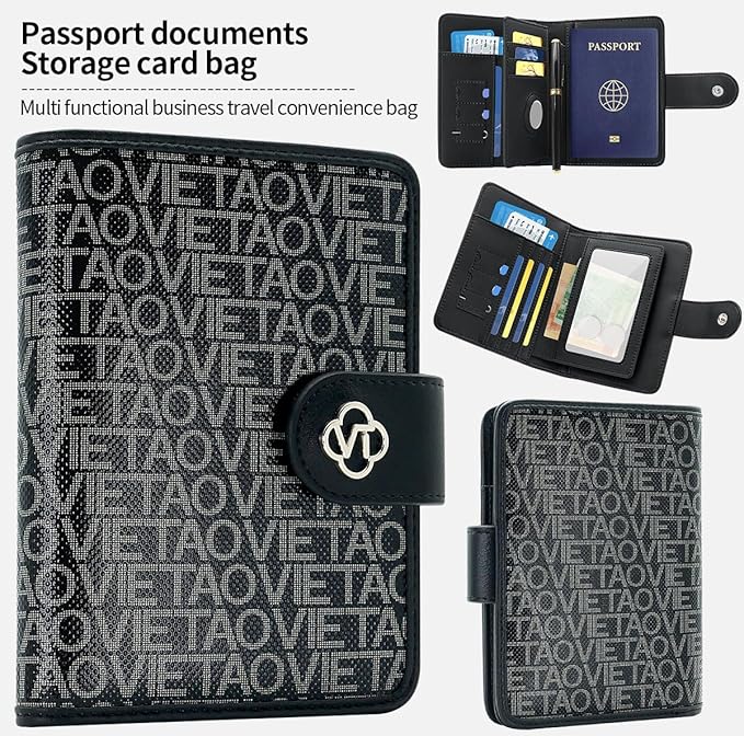 Passport Holder Wallet Bag with AirTag Holder, Card Slots Passport Solt Ticket Cash Solt, Photo Solt Sim Card Pen Slot.Black