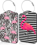 Set of 2 Luggage Tags for Suitcase Pink Flamingos Leather Baggage Tags Set with Stainless Steel Loop Name Address Labels Privacy Cover for Men Women Travel Bag Suitcase, 4.6 x 2.7 inch