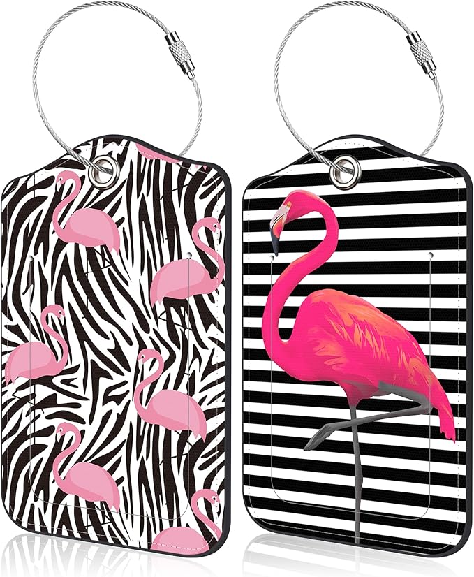 Set of 2 Luggage Tags for Suitcase Pink Flamingos Leather Baggage Tags Set with Stainless Steel Loop Name Address Labels Privacy Cover for Men Women Travel Bag Suitcase, 4.6 x 2.7 inch