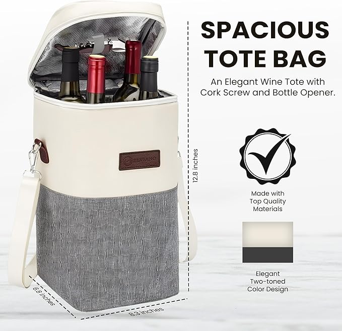 Insulated Wine Bag Cooler – Beige and Gray, Holds 4 Bottles, Wine Opener, Shoulder Strap, Expandable Zipper, 7.8 x 5 x 15 inches, Perfect for Travel & Picnic