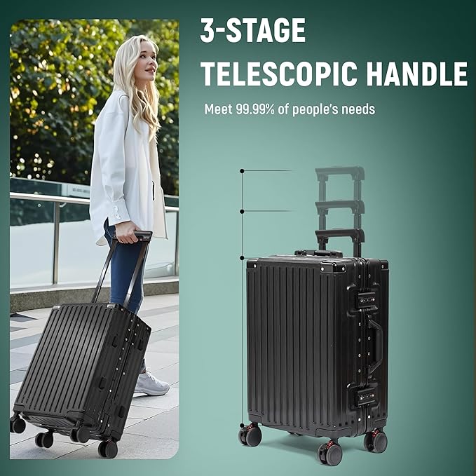 UrbanExplorer 20 Inch Carry On Luggage Aluminum Frame Airline Approved, Zipperless Luggage Carry On TSA Approved ABS+PC Hard Shell Suitcases, Lightweight Carry-On Suitcase with Cup Holder, Black