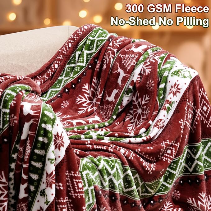 PHF Printed Fleece Blanket Twin Size, No Shed No Pilling Ultra Soft Plush Cozy Xmas Prints Theme Home Décor Flannel Blanket for Bed, Sofa, Couch and Gift, 66" x 90", Retro Christmas