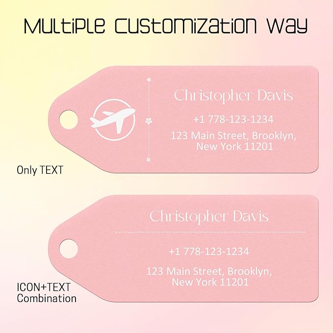 4 PCS Personalized Metal Luggage Tag – Personalized Engraved Suitcase Tag, Backpack Tag, with Matching Color Strap, Waterproof Suitcase Name Badge – Ideal Corporate Gift & Travel Accessory (Pink)