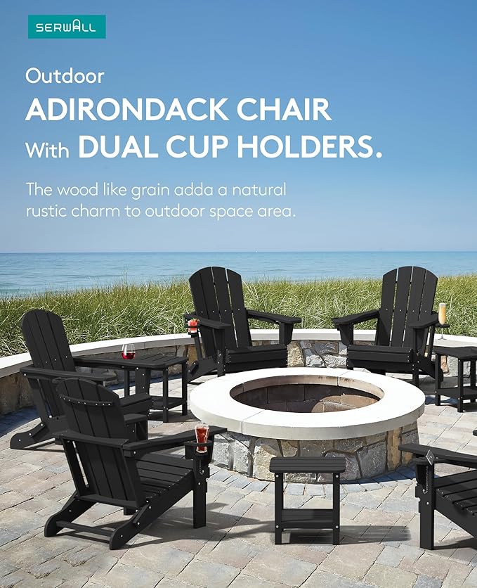 SERWALL HDPE Folding Adirondack Chair with Dual Cup Holder - Composite Adirondack Chair Set of 8- Black