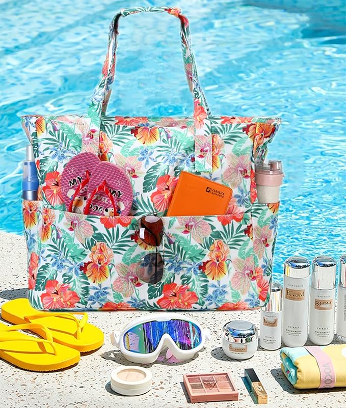 Waterproof Beach Tote Pool Bags for Women Ladies Extra Large Gym Tote Carry On Bag With Wet Compartment for Weekender Travel