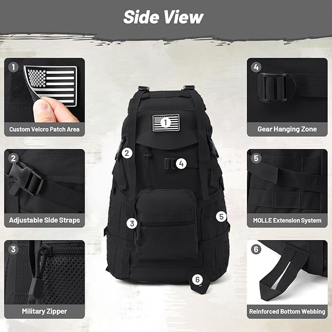 50L Tactical Backpack for Men and Women, Water-Resistant Molle Rucksack, Large Military Assault Pack for Hiking, Hunting, Camping, Gym & Outdoor Survival Black