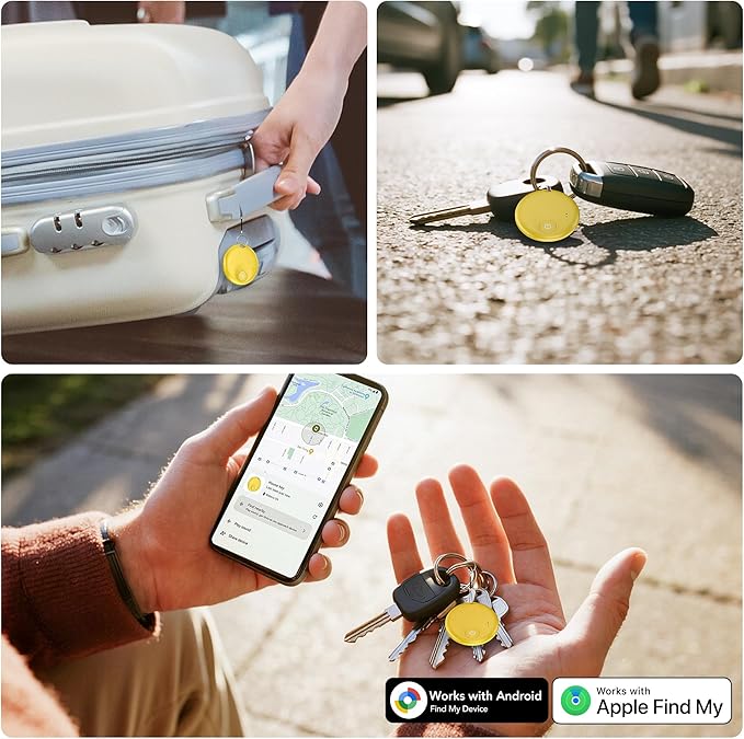 FindTag Duo - Dual System Tracker for iOS or Android, Bluetooth Tracking Tag/Key Finder/Luggage Tracker/Item Locator, Compatible with iOS Find My or Google Find Hub App (Yellow)
