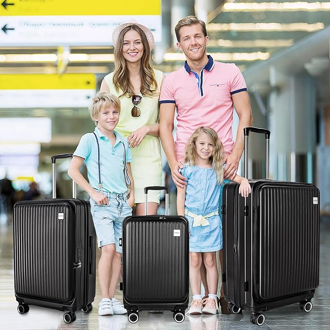 Luggage Sets 3 Piece, ABS Lightweight 20in/24in/28in Luggage, Expandable Carry On Suitcase Set with TSA Lock & Double Wheels, Front Open Hardshell Luggage Sets (Black)
