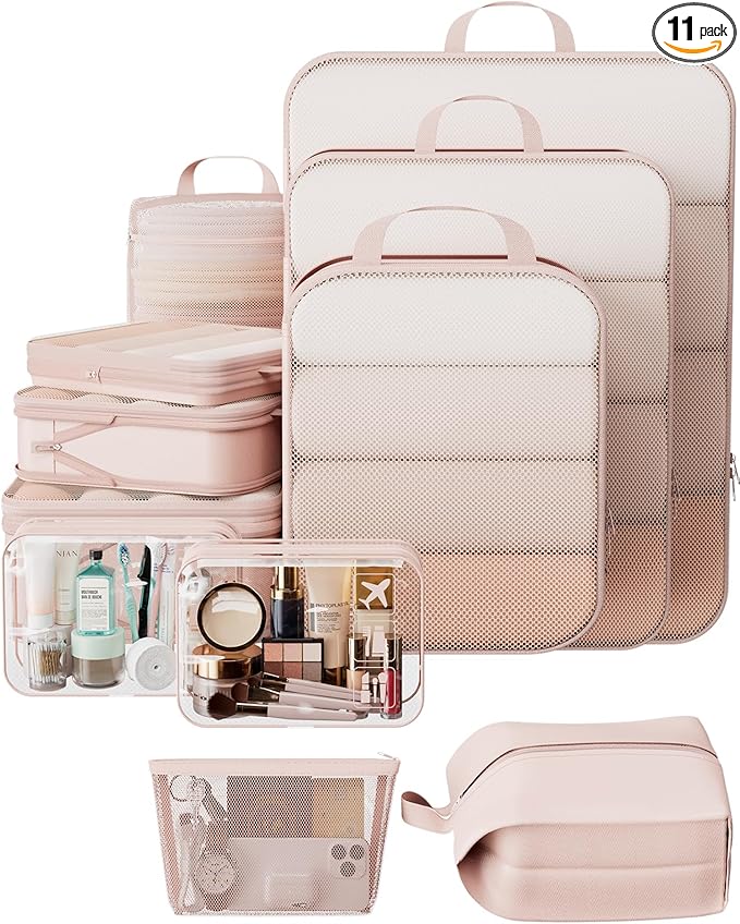 Veken 11 Set Compression Packing Cubes for Travel Essentials,Compressible Expandable Large Luggage Suitcase Organizer Bags for Clothing,Durable Space Saver Storage Bags with Toiletry Bags(Beige)