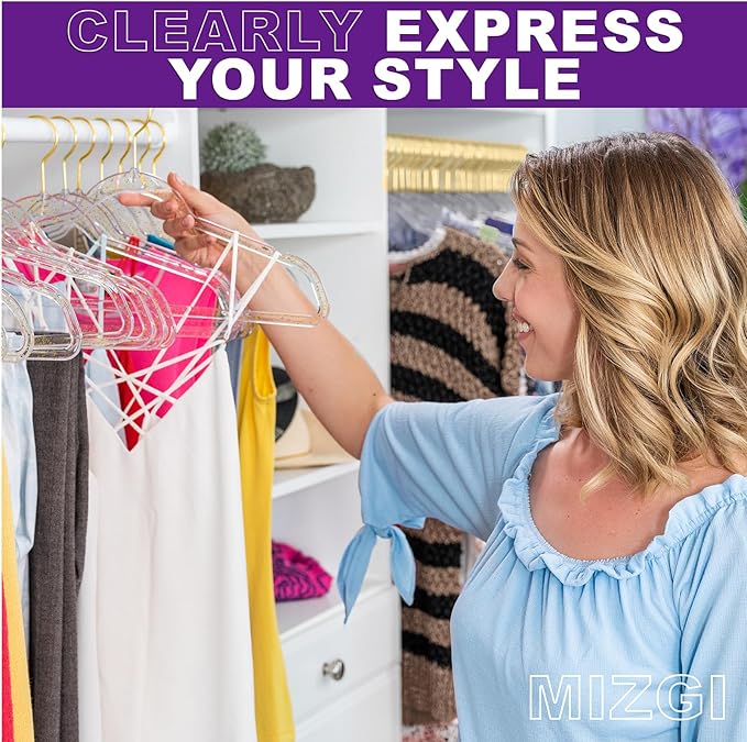 Premium Clear Invisible Acrylic Hangers,Crystal Plastic Hangers with Bling Gold Glitter 50 Pack Ultra Slim & Space Saving Suit Hangers for Coats, Pants & Dress Clothes