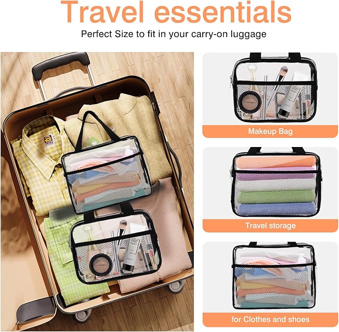 XEWEA 2PCS Middle TSA Approved Clear Travel Toiletry Bags for Men Women, Transparent Makeup Cosmetic Bag with Handle Zipper, Waterproof PVC Quart Organizer Pouch for Airport Airline Essential, Balck