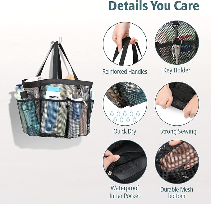 F-color Mesh Shower Caddy Portable, 8.3" Deeper Pockets Large Shower Caddy Bathroom Caddy for College Dorm Room Bathroom Essentials, 2 Handles Shower Bag Tote for Gym Rv, Camp with S Hook, Black