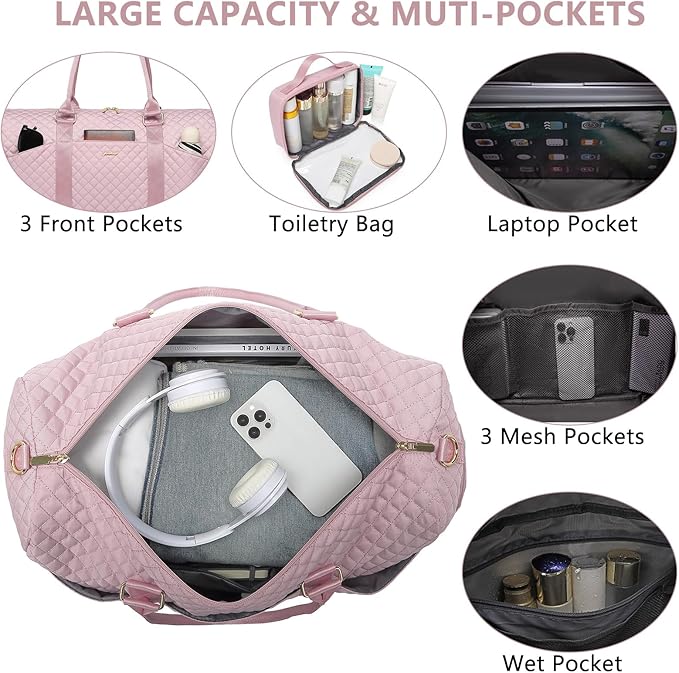 Women Duffle Weekender Travel Bag: Large Duffel Bags with Shoe Compartment Carry On Overnight Tote Bag with Wet Pocket Toiletry Bags Weekend Gym Yoga Hospital Bag for Labor and Delivery Pink 3Pcs Set