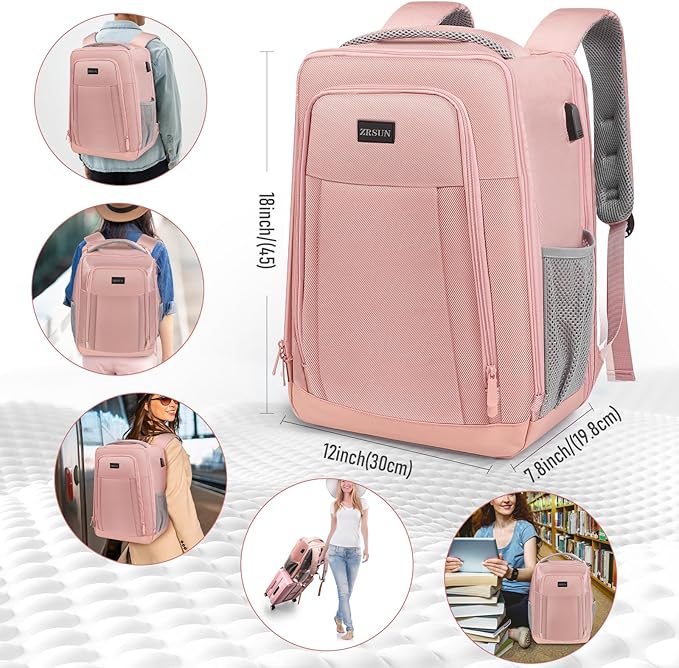 Travel Backpack, Business Anti Theft Slim Sturdy Laptops Backpack with USB Charging Port, Water Resistant College School Laptop Bag for Men & Women Fits 15.6 Inch Notebook,Pink