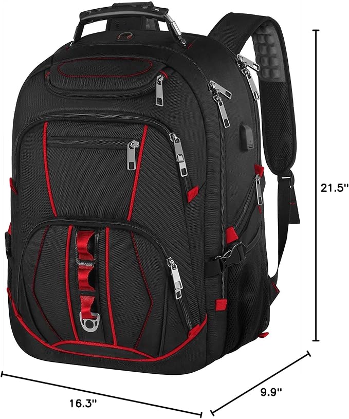 Laptop Backpack, Red, 55L Capacity, TSA Approved, RFID Anti-Theft, USB Charging Port, Headphone Hole, Back Luggage Strap, Chest Strap, Laptop Backpack