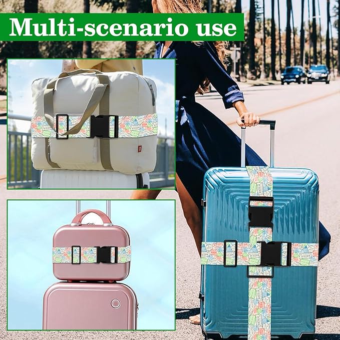 Luggage Straps for Suitcases TSA Approved, Luggage Identifiers for Suitcase, Adjustable Suitcase Strap for Baggage Security with Cute Patten, Travel Necessary Accessories (Travel Stamps)