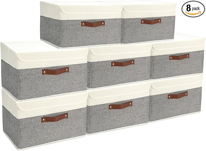8 Pack Storage Bins Foldable Storage Boxes Fabric Storage Box with Lid & Handle Large Washable Organizer Bulk for Office, Home, Books, Clothes, Bedroom, Closet, (15INx10INx10IN White/Grey)