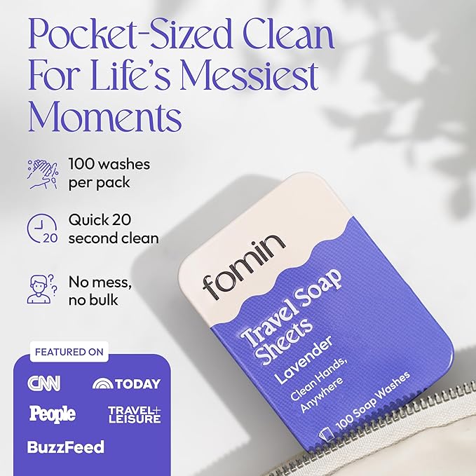 FOMIN - Antibacterial Paper Soap Sheets Tin for Traveling - (300 Sheets) Variety Pack (Unscented, Orange, Lavender) Portable Travel Hand Soap Sheet, Dissolvable Mini Camping Hand Soap for Hand Washing