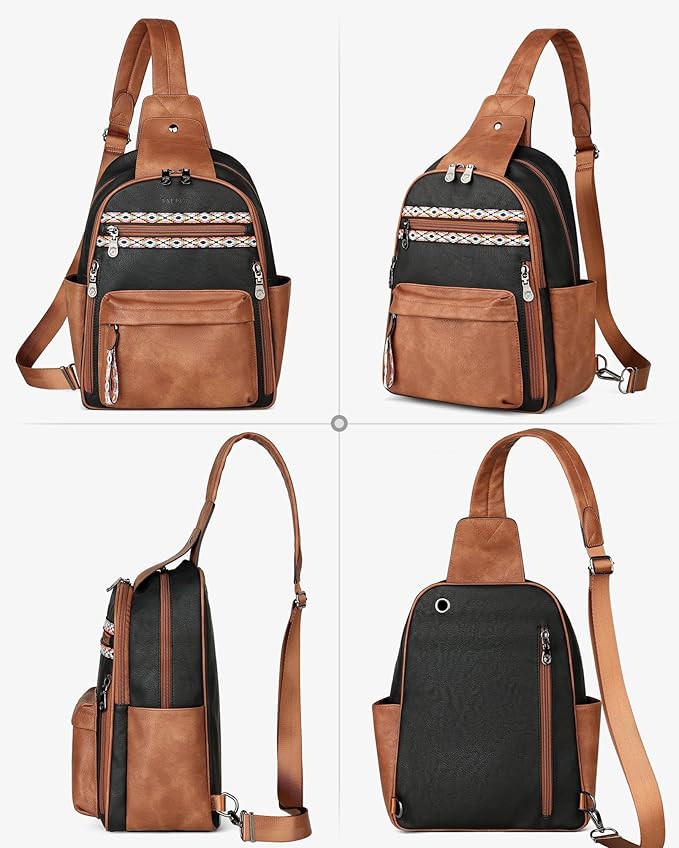 FADEON Large Sling Bag for Women, Leather Crossbody Purse Designer Anti Theft Sling Backpack, RFID Fanny Packs for Travel