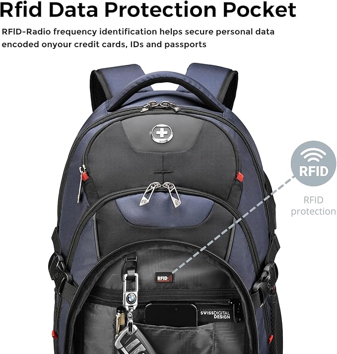 Swissdigital Design Laptop Backpack with USB Charging Port, TSA Travel Backpack Fits 15.6 inches Computer, 31L College School Backpack for Men, Blue/Black | SD803