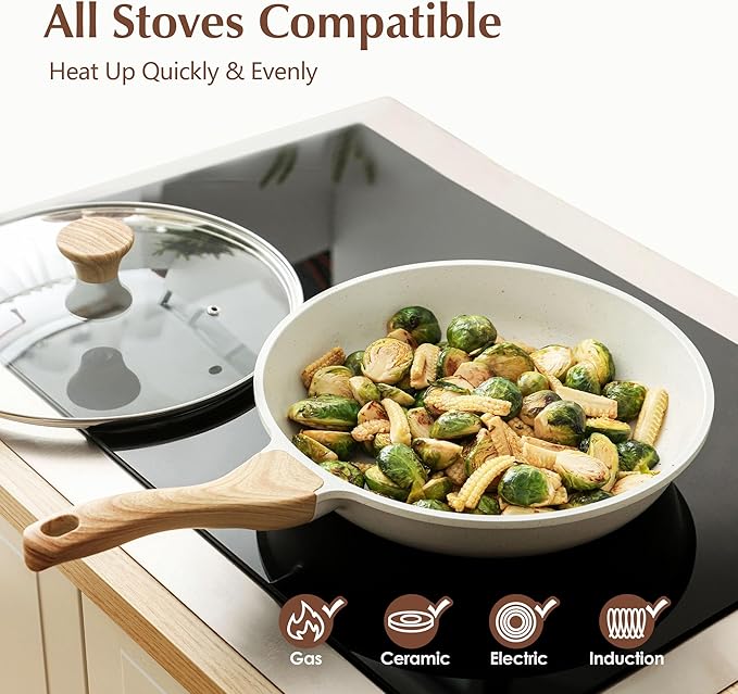 SENSARTE Nonstick Ceramic Frying Pan with Lid 8/9.5/10/11/12.5 Inch Omelet Pan Skillet, Free of Intentionally Added PFAS/PTFE Non-toxic Chef's Pan Induction Compatible Pan, Heat Resistant Handle