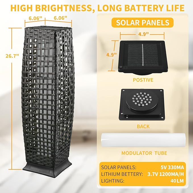 Solar Floor Lamp, Outdoor Floor Lamp, Solar Lanterns Outdoor Waterproof, Solar Powered Resin Wicker Outdoor Solar Lamp, Weather-Resistant Rattan Deck Light for Porch, Garden, Patio, Deck