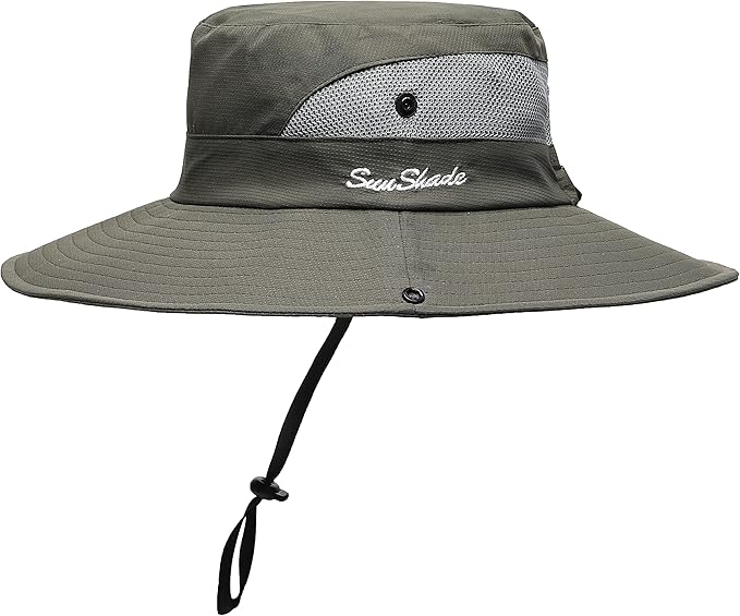 Womens Summer Sun Hat Beach Hat Wide Brim Outdoor UV Protection Hat Foldable Cool Mesh Ponytail Bucket Hat