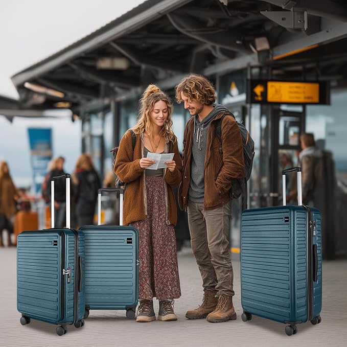 3-Piece 20/24 Top Opening Hardshell Lightweight Luggage and 28-Inch Clamshell Opening Suitcase with Spinner Wheels & TSA Locks, Teal Blue, 20in/24in/28in