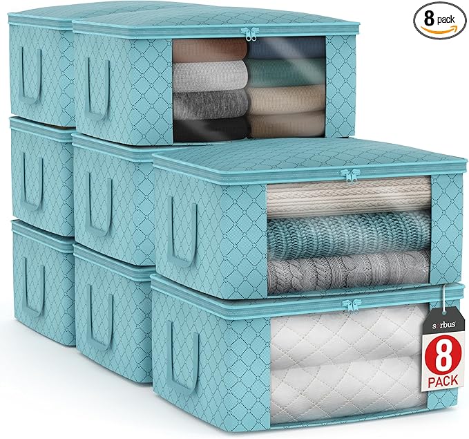 Sorbus Medium Clothes Storage Bags - Foldable Blanket Storage Bins for Organizing Bedroom, Closet, Clothing, Comforter, Organization with Clear Window, Lids and Carry Handles - Set of 8