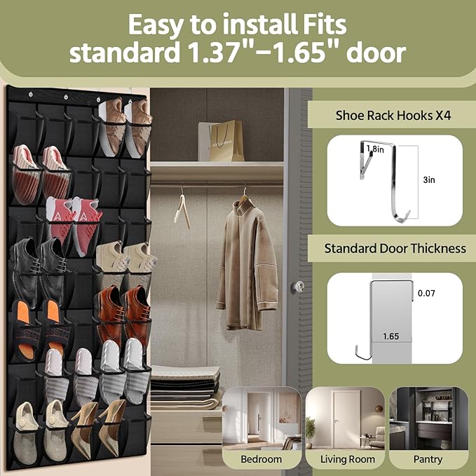 35 Pocket Over the Door Shoe Organizer,Reusable Breathable Large Mesh Bag Men's & Women's Sneaker Organizer,Shoe Organizer for Kids,Hanging Shoe Storage Hanging Bag (Black)