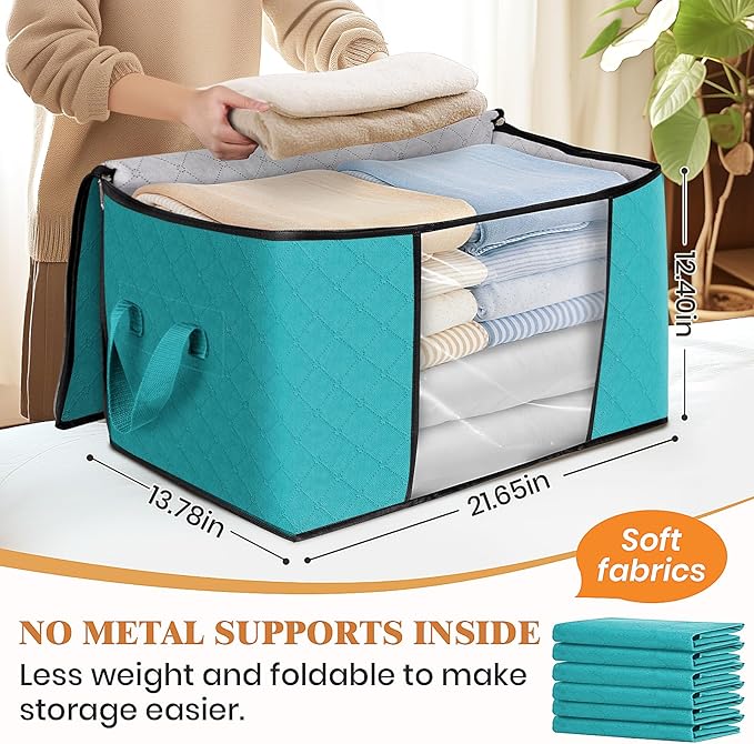 Fab totes 10 Pack Clothes Storage, Foldable Thick Fabric Blanket Storage Bags, Containers for Organizing Bedroom, Closet, Clothing, Comforter,Closet Organization with Handle,Green