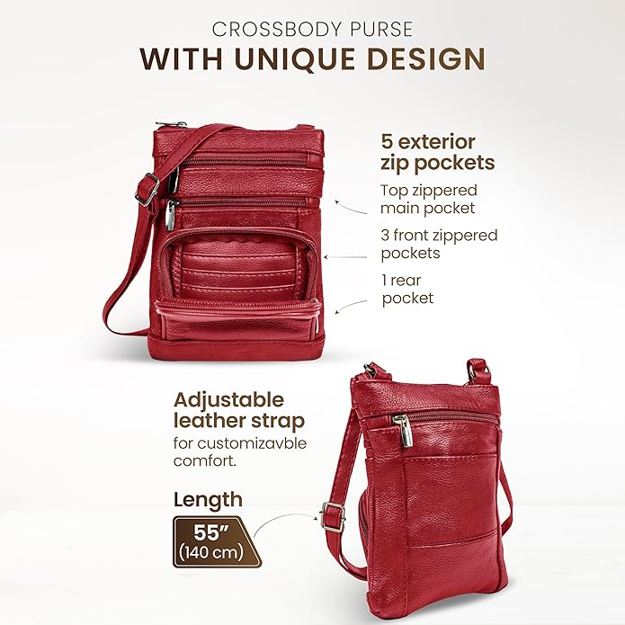 Krediz leather Crossbody Purses for Women, Multi Pocket Crossbody Purse with Adjustable Strap, Soft & Durable Leather Purse