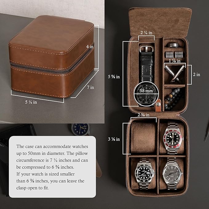 ROTHWELL 5 Watch Travel Case Storage Organizer for 5 Watches | Tough Portable Protection w/Zipper Fits All Wristwatches & Smart Watches Up to 50mm (Tan/Brown)