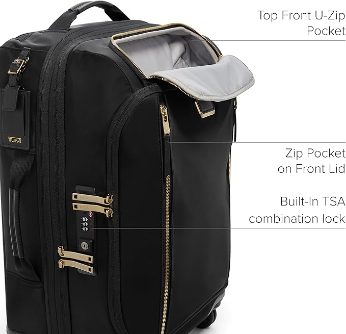 TUMI - Voyageur Leger 4 Wheeled Luggage - Women's Lightweight and Spacious, Sleek Silhouette, Durable Premium Suitcase - 21.8" International Expandable Carry-On, Black with Gold Hardware