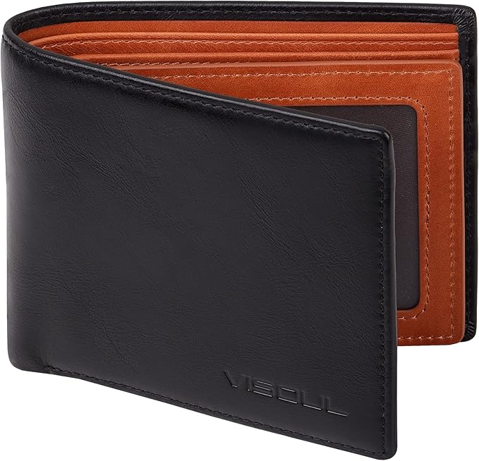 VISOUL Mens Bifold Wallet with 2 ID Windows and 2 Money Compartments, Genuine Leather Designer Wallet with RFID Blocking, Stylish Two-tone Back Wallet for Men (Black and Orange)