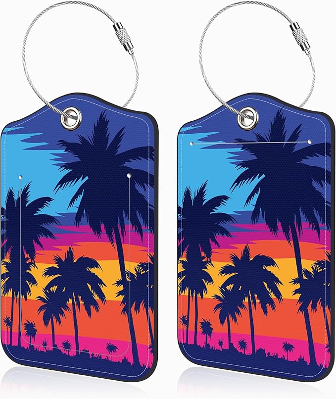 Set of 2 Luggage Tags for Suitcases Coconut Trees at Sunset Leather Suitcase Tags Identifiers with Privacy Name Address Label and Stainless Steel Loop for Women Men Travel Luggage Accessories