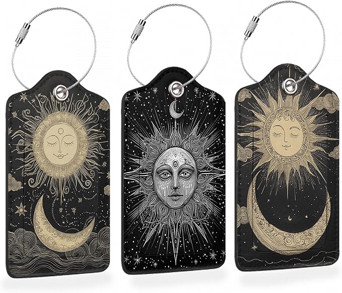 Vintage Boho Sun and Moon 3 PCS Luggage Tags, Leather Suitcase Tags with Privacy Cover Name Address Labels and Durable Steel Loop for Men/Women Travel Bag Suitcases