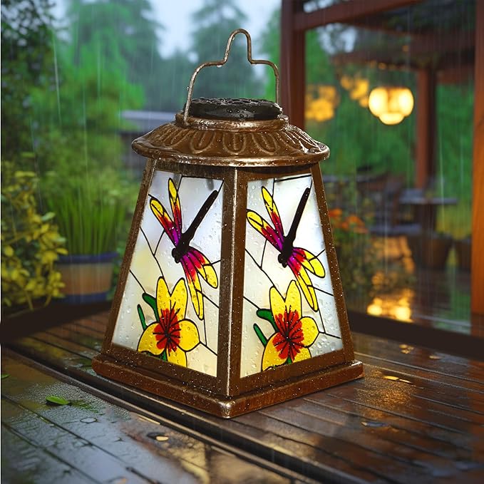 Dragonfly Solar Lantern with Shepherd Hook, Outdoor Hanging Metal LED Garden Light Waterproof for Patio Yard Pathway, Vintage Dragonfly Lantern Decor and Thoughtful Garden Gift for Mom Grandma Women