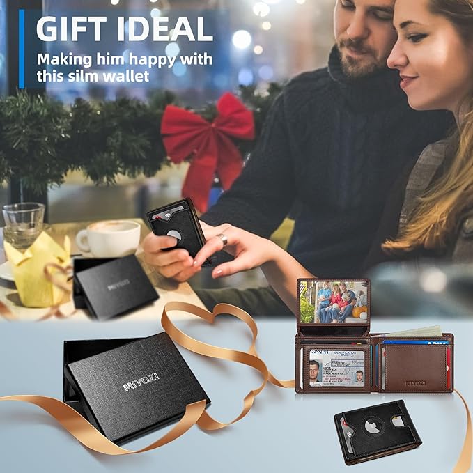 Airtag Wallet for Men,with Cash Pocket 2 ID Window 13 Cards,Slim Leather Wallet Front Pocket Card Holder RFID Blocking with Gift Box