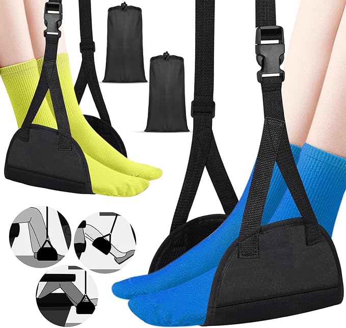 Airplane Footrest Hammock, Foot Hammock for Plane Travel, Portable Height Adjustable Travel Footrest Hammock Accessories, Lightweight Foot Hammock Suitable for Offices, Airplanes 2 pcs