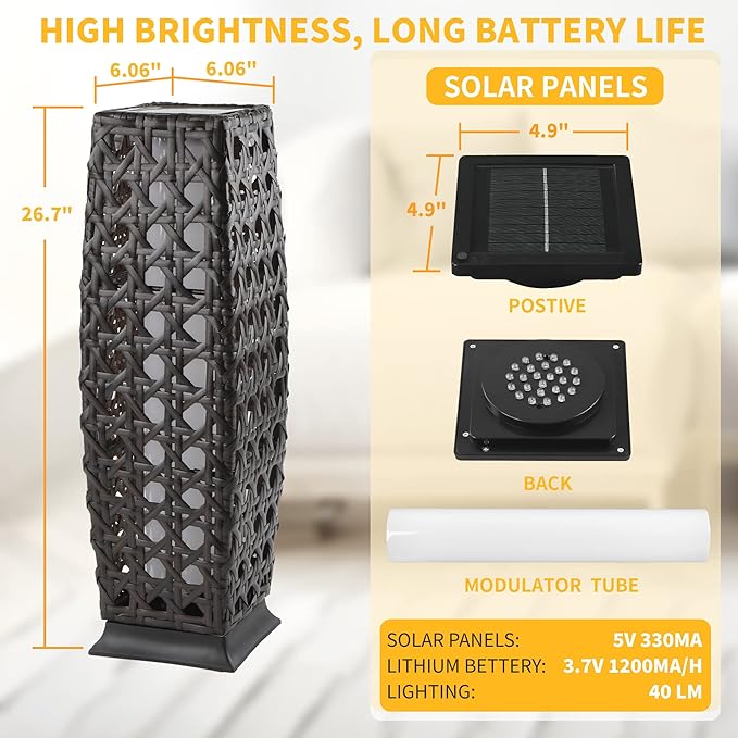 Solar Floor Lamp, Outdoor Floor Lamp Lanterns Outdoor Waterproof, Solar Powered Resin Wicker Lamp, Weather-Resistant Rattan Deck Light for Porch, Garden, Patio