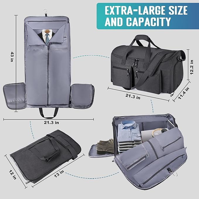 Convertible Garment Duffel Bag with Mesh Storage Bag, Water-Resistance Carry On Garment Bag with Suit Compartment, 2 in 1 Hanging Suit Travel Bag (Black)