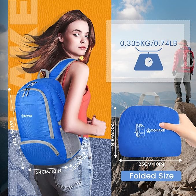 ZOMAKE Lightweight Packable Backpack 30L, Foldable Hiking Backpacks Water Resistant Compact Folding Daypack for Travel(Dark Blue)