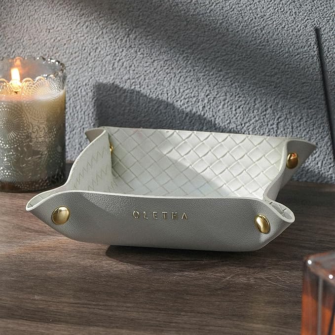 OLETHA Small Foldable Valet Tray - Aesthetic Desk Organizer for Home, Office & Travel - Portable Catch All Bowl for Keys, Jewelry & Essentials - Woven Textured, Grey