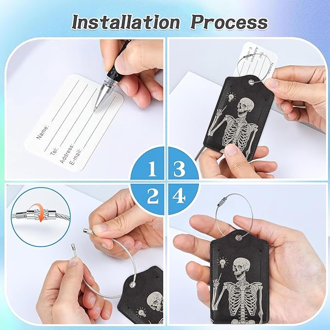 3 Pack Luggage Tag for Suitcase,Rock Roll Skeleton Leather Luggage Tags with Privacy Cover Name ID Label Identifiers Travel Bag Tags for Women Men Boys Girls