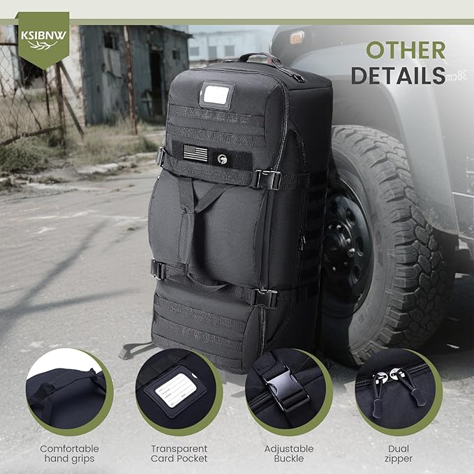 KSIBNW Rolling Duffel Bag with Wheels and Handle, 4 In 1 Tactical 86L Military Backpack with Hidden Straps,Waterproof Wheeled Large Duffle Bag for Travel,Durable MOLLE Luggage for Men & Women, Khaki